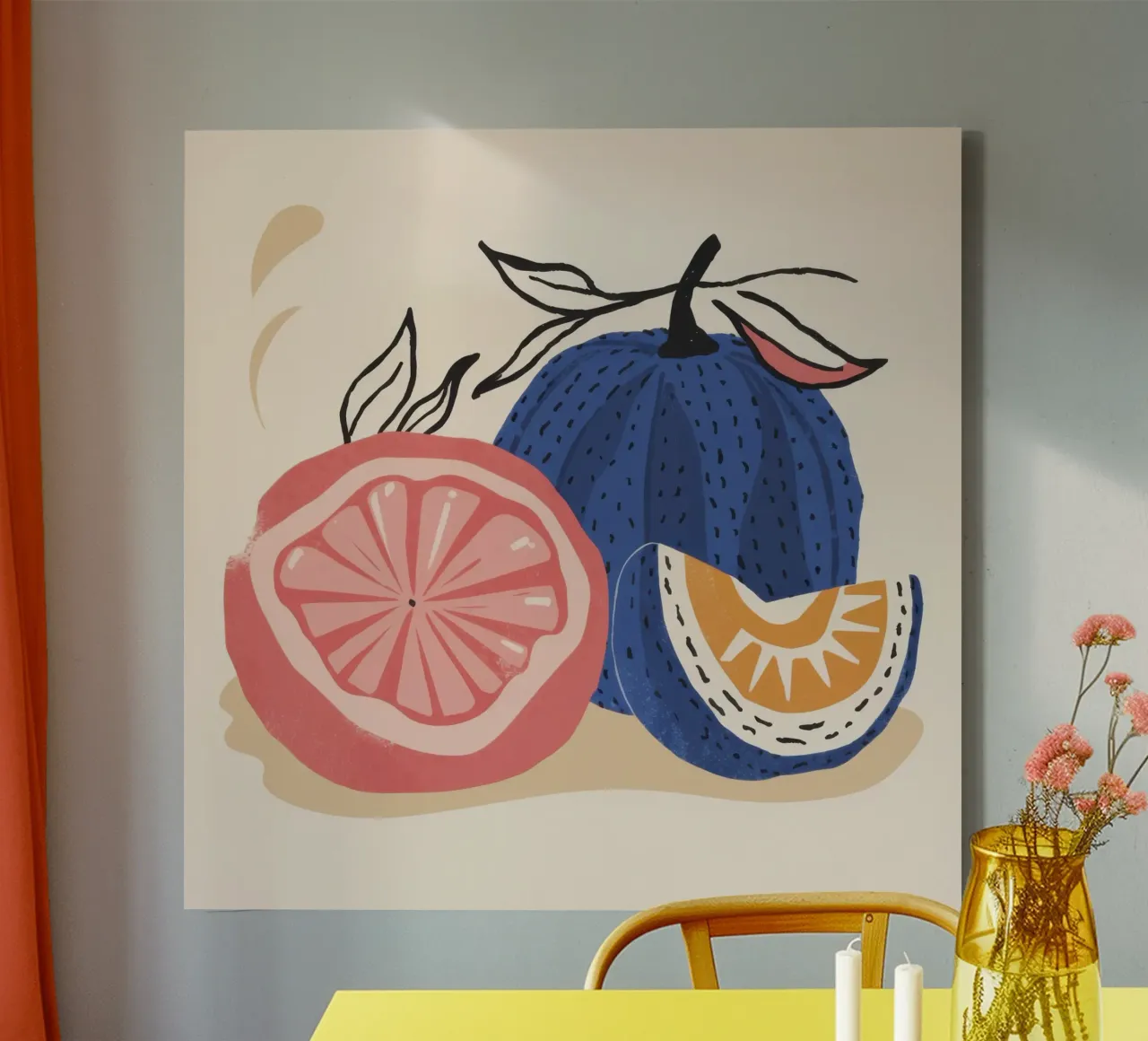 Pikante Grapefruit-Spritzer Leinwand mit Schattenfugenrahmen von Bara Suara