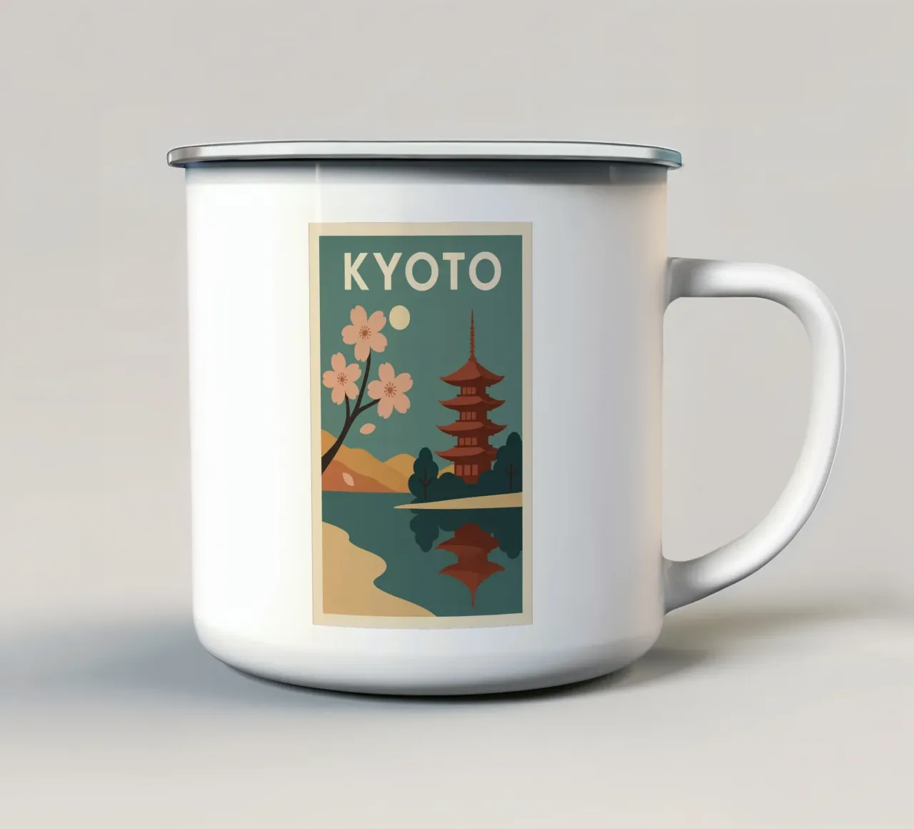 KYOTO - Poster d'epoca con fiori di ciliegio e pagode tazza in smalto da JETLAG | affiches voyage