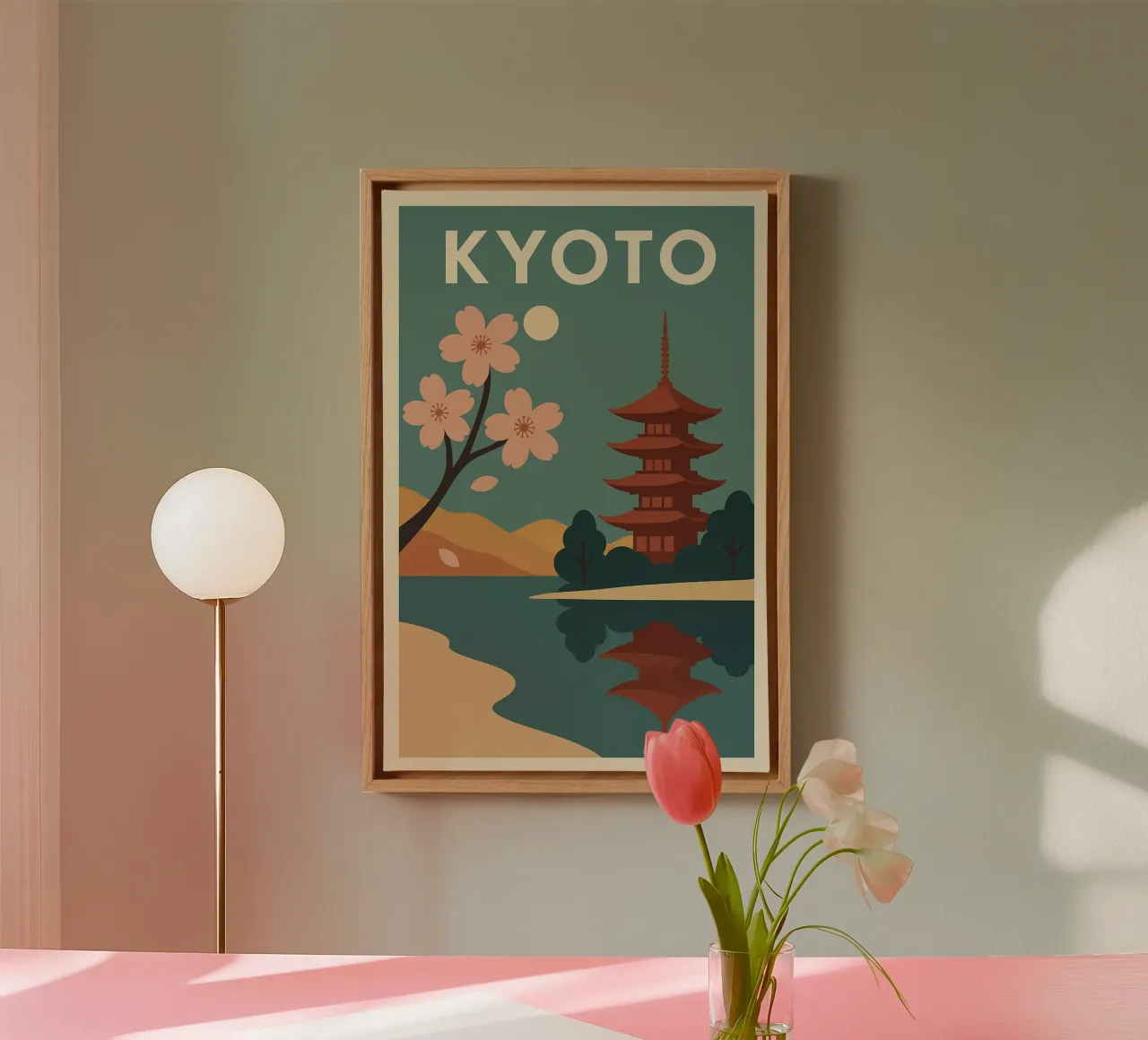 KYOTO - Poster d'epoca con fiori di ciliegio e pagode tela con Cornice a cassetta da JETLAG | affiches voyage