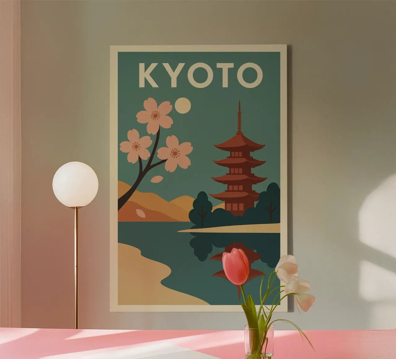 KYOTO - Poster d'epoca con fiori di ciliegio e pagode tela con Cornice a cassetta da JETLAG | affiches voyage