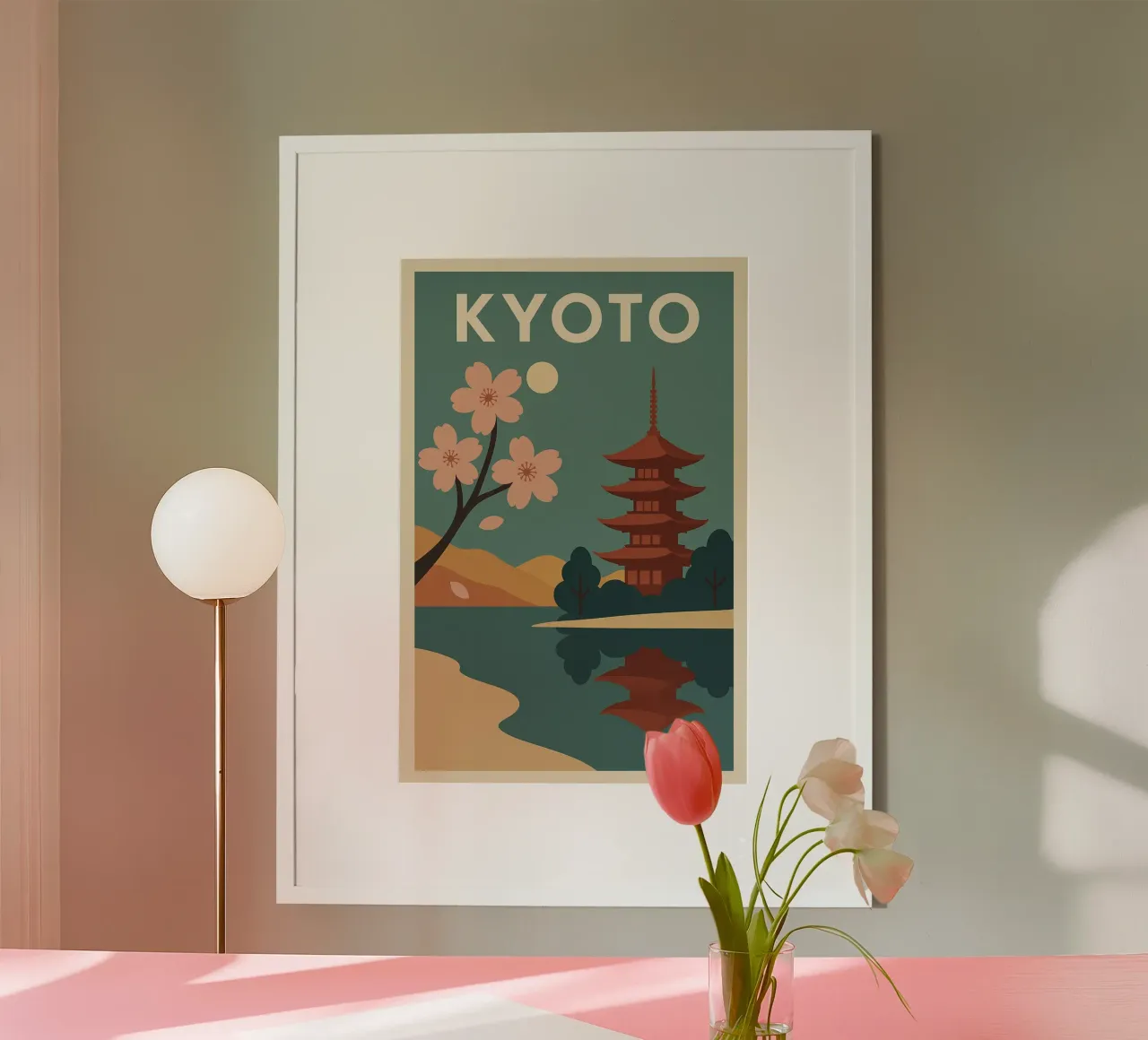 KYOTO - Poster d'epoca con fiori di ciliegio e pagode poster con telaio in legno da JETLAG | affiches voyage