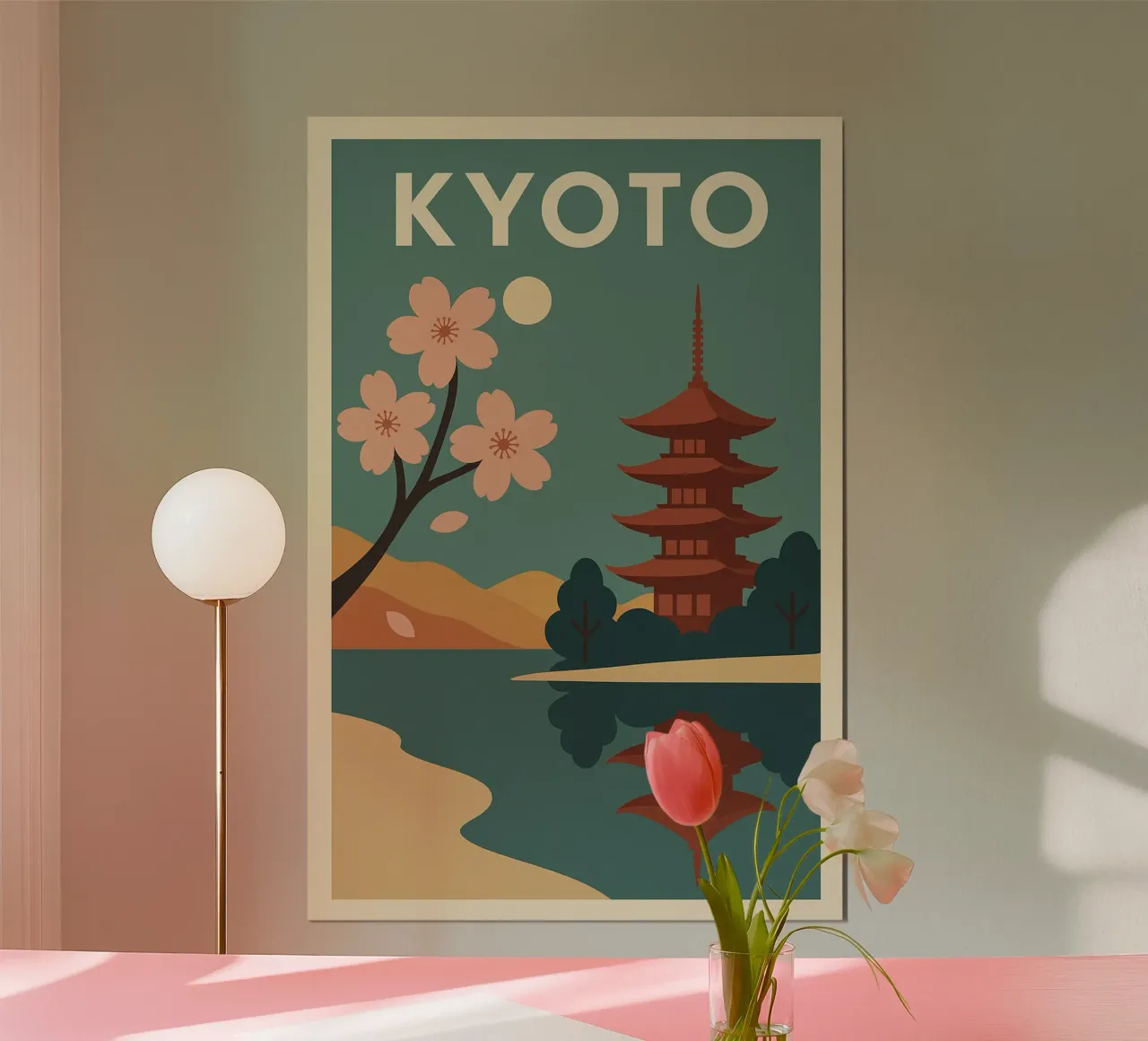 KYOTO - Poster d'epoca con fiori di ciliegio e pagode poster con telaio in legno da JETLAG | affiches voyage