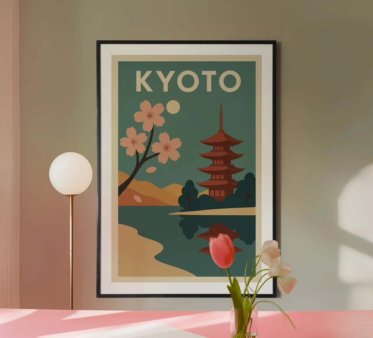 KYOTO - Poster d'epoca con fiori di ciliegio e pagode poster con telaio in legno da JETLAG | affiches voyage