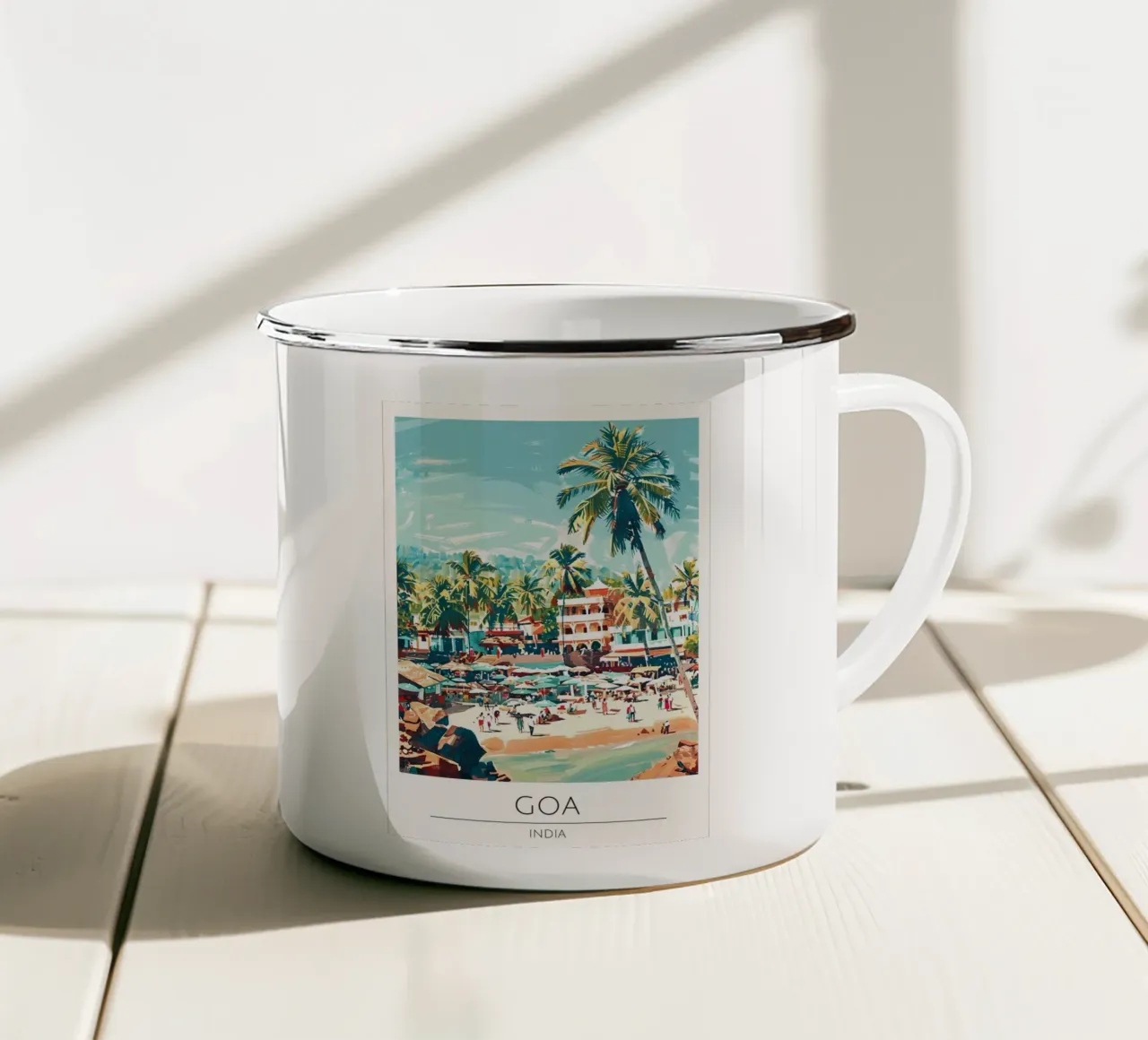 Goa India Reisposter Strand Palm Bomen Kunstdruk emaille mok van homdeco
