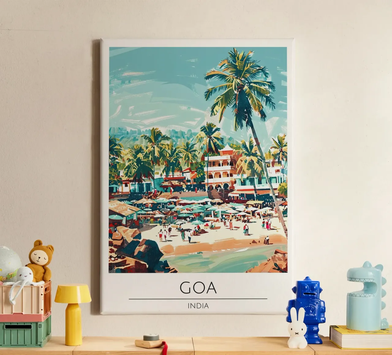 Goa India Reisposter Strand Palm Bomen Kunstdruk canvas met Baklijst van homdeco