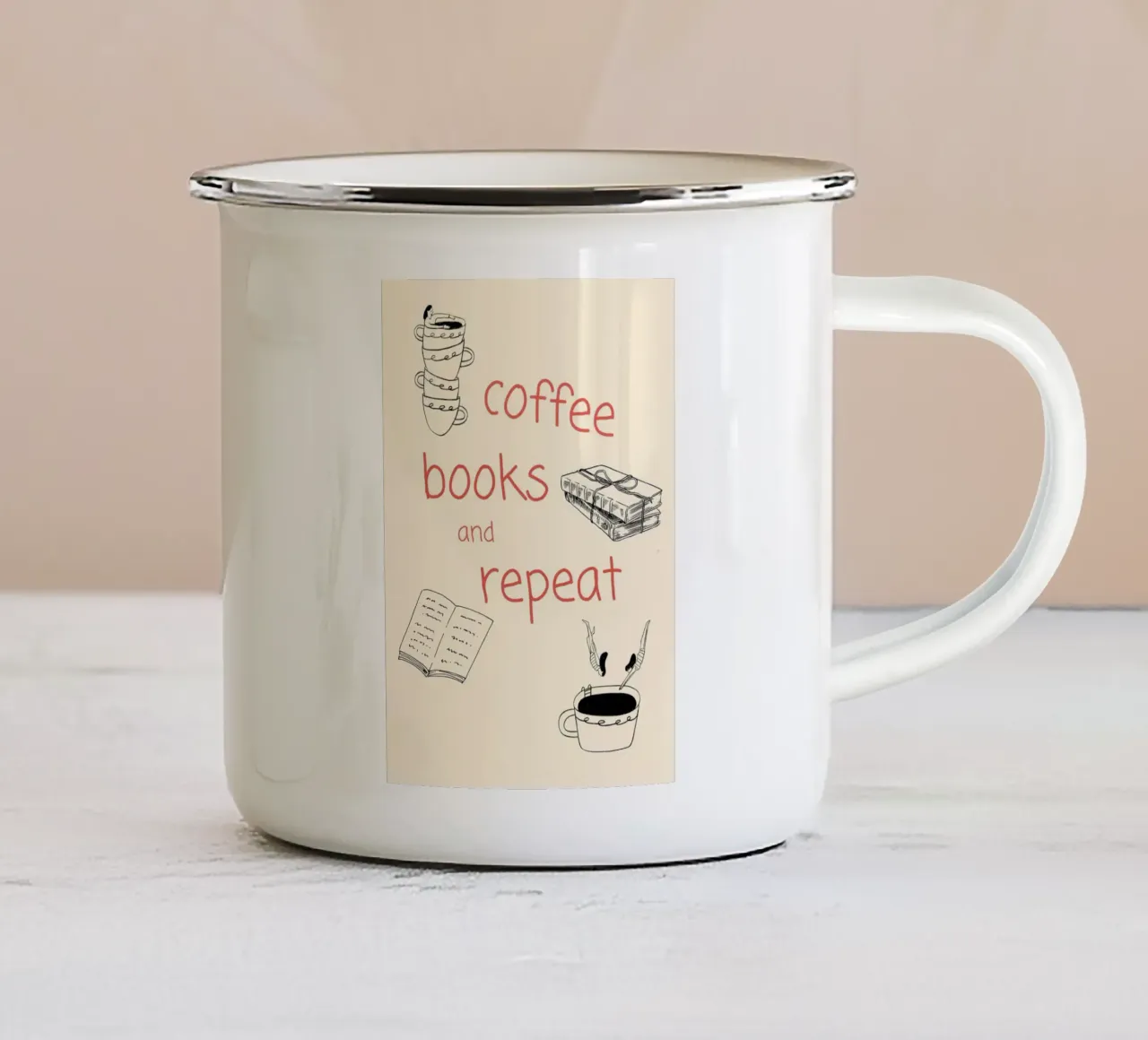 "Coffee Books and Repeat" - Accogliente poster disegnato a mano per un libro tazza in smalto da vintagepod