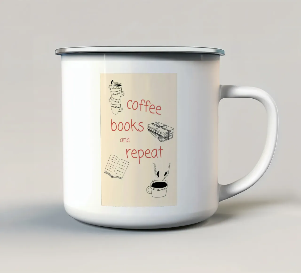 "Coffee Books and Repeat" - Accogliente poster disegnato a mano per un libro tazza in smalto da vintagepod