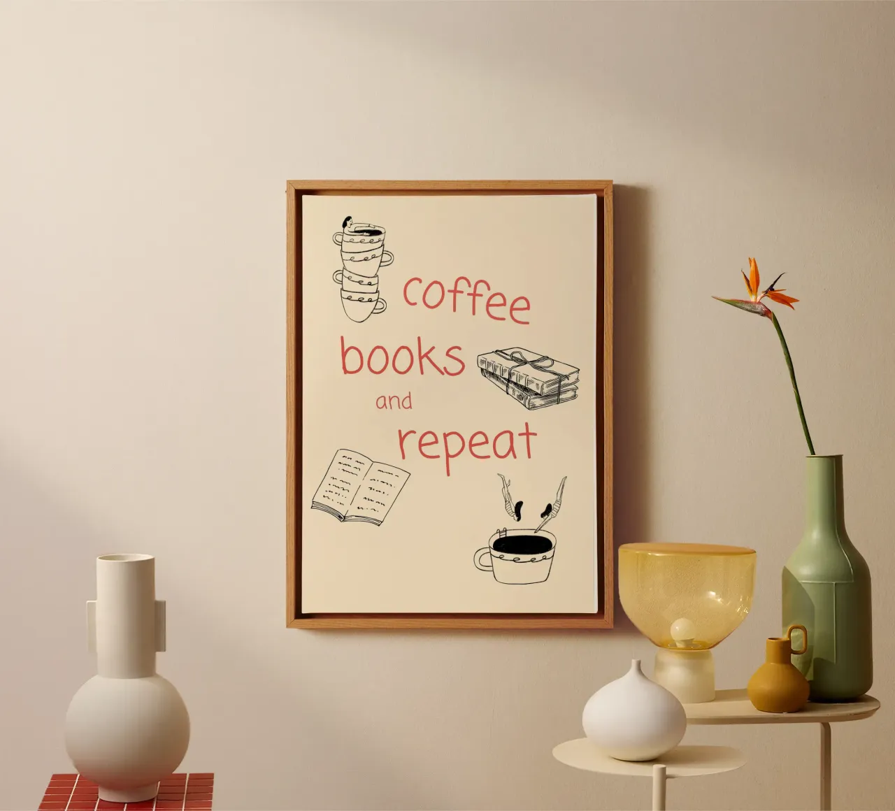 "Coffee Books and Repeat" - Accogliente poster disegnato a mano per un libro tela con Cornice a cassetta da vintagepod