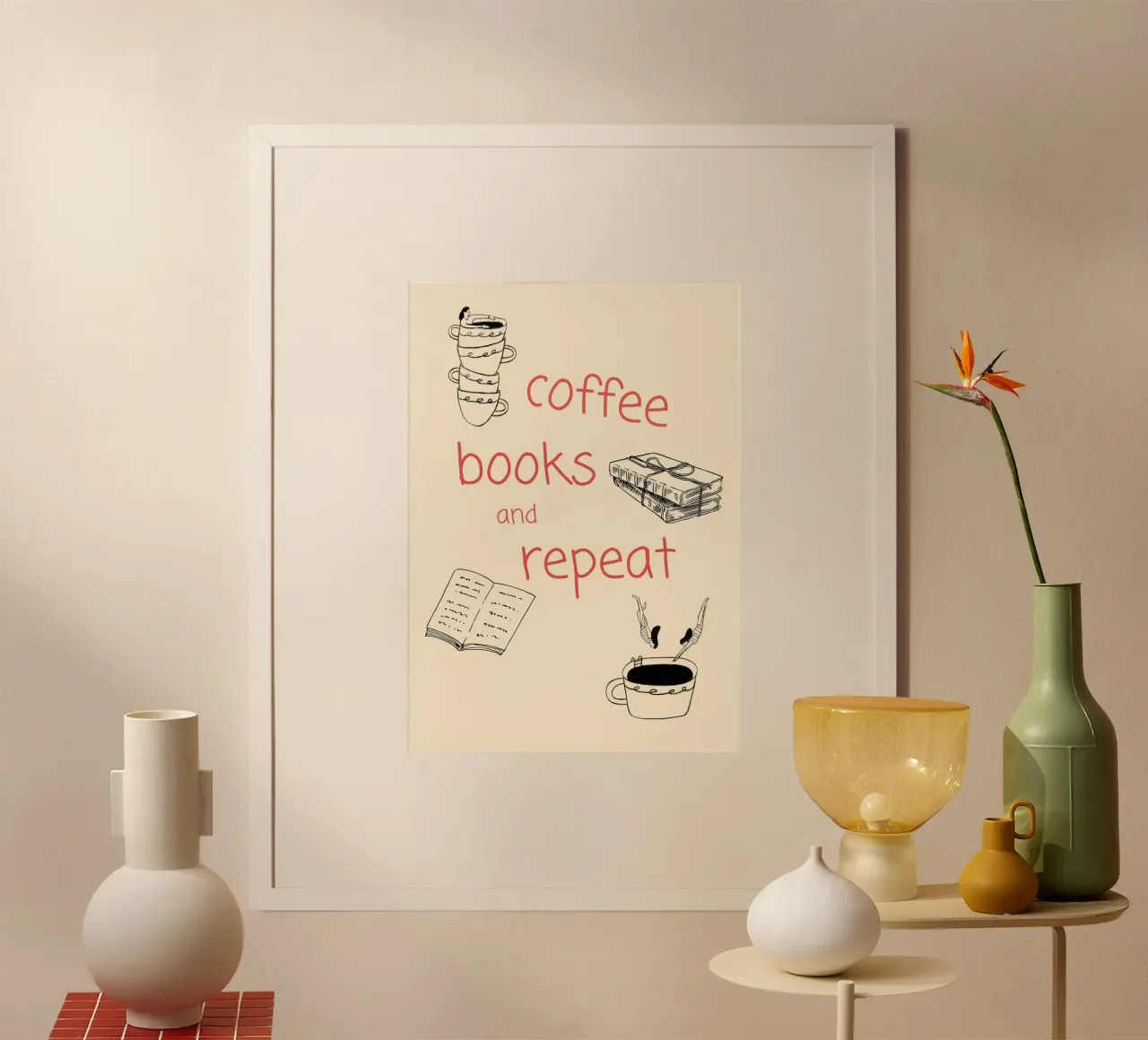 "Coffee Books and Repeat" - Accogliente poster disegnato a mano per un libro poster con telaio in legno da vintagepod