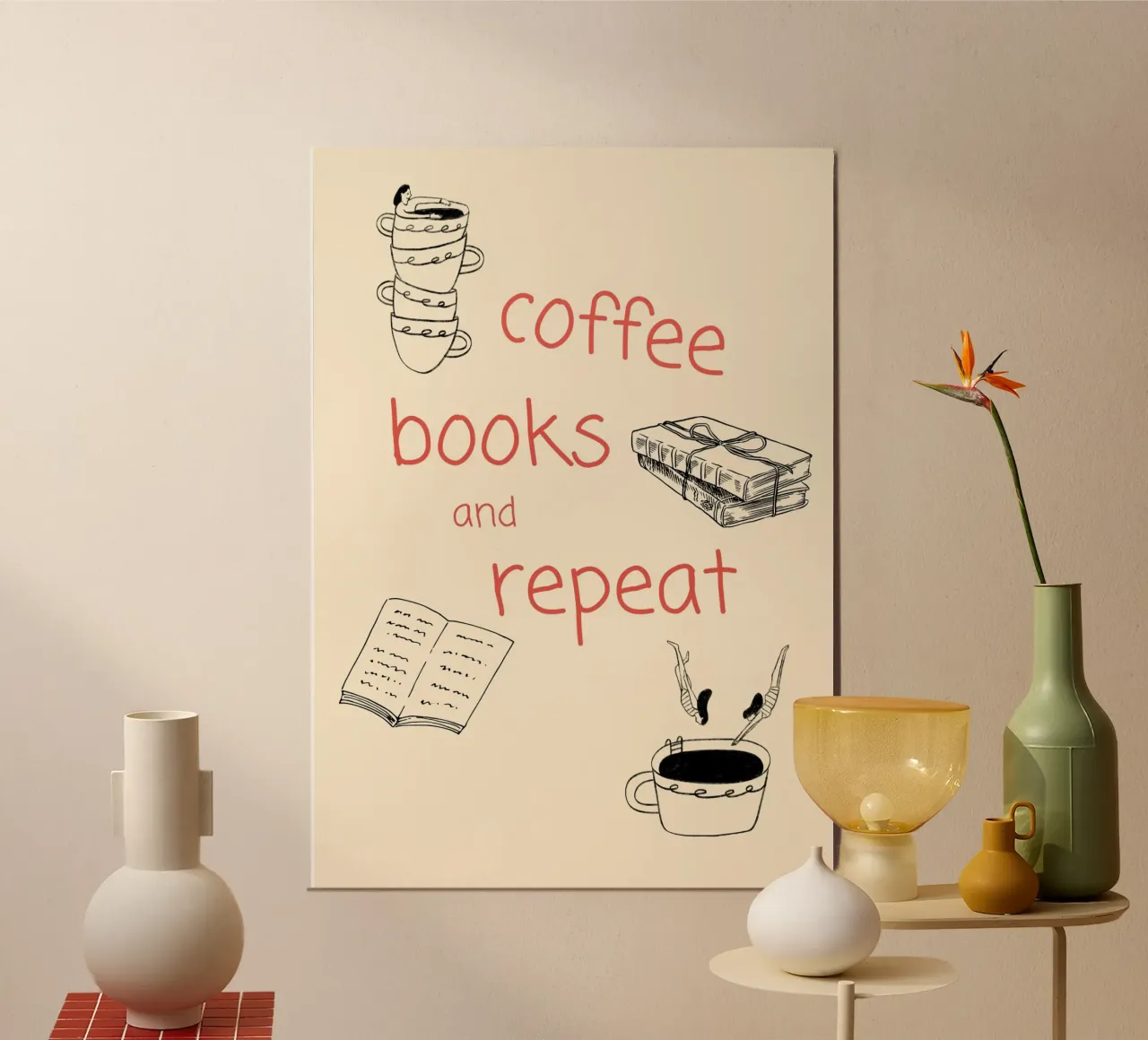 "Coffee Books and Repeat" - Accogliente poster disegnato a mano per un libro poster con telaio in legno da vintagepod