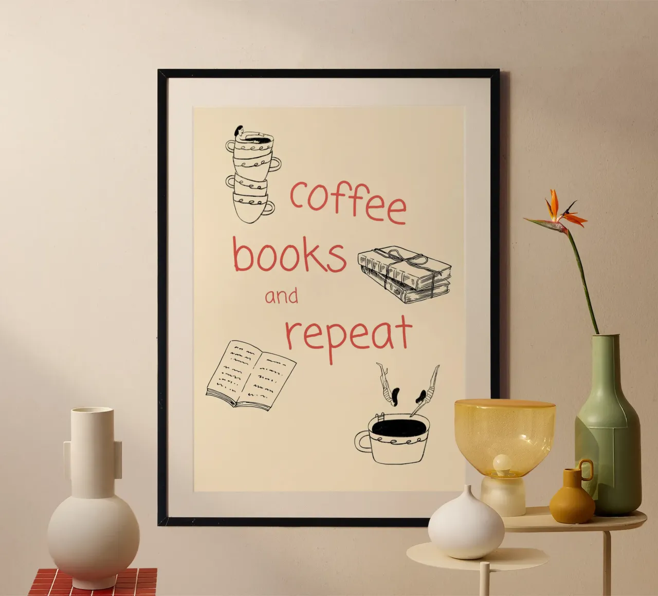 "Coffee Books and Repeat" - Accogliente poster disegnato a mano per un libro poster con telaio in legno da vintagepod