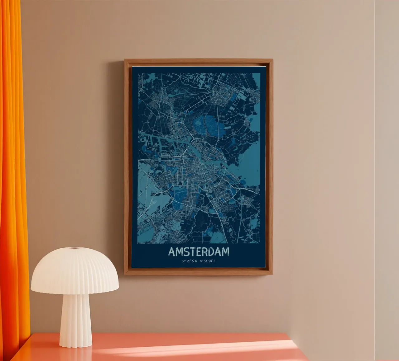 Amsterdam kunstdruk - Geometrische stadsplattegrond canvas met Baklijst van CityMapPoster