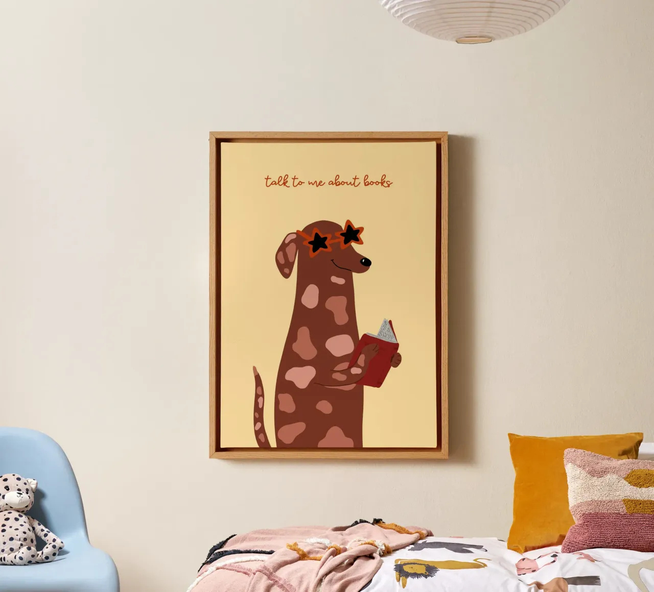 "Talk to Me About Books" - Quirky Dog Art Print canvas with Floater frame by vintagepod