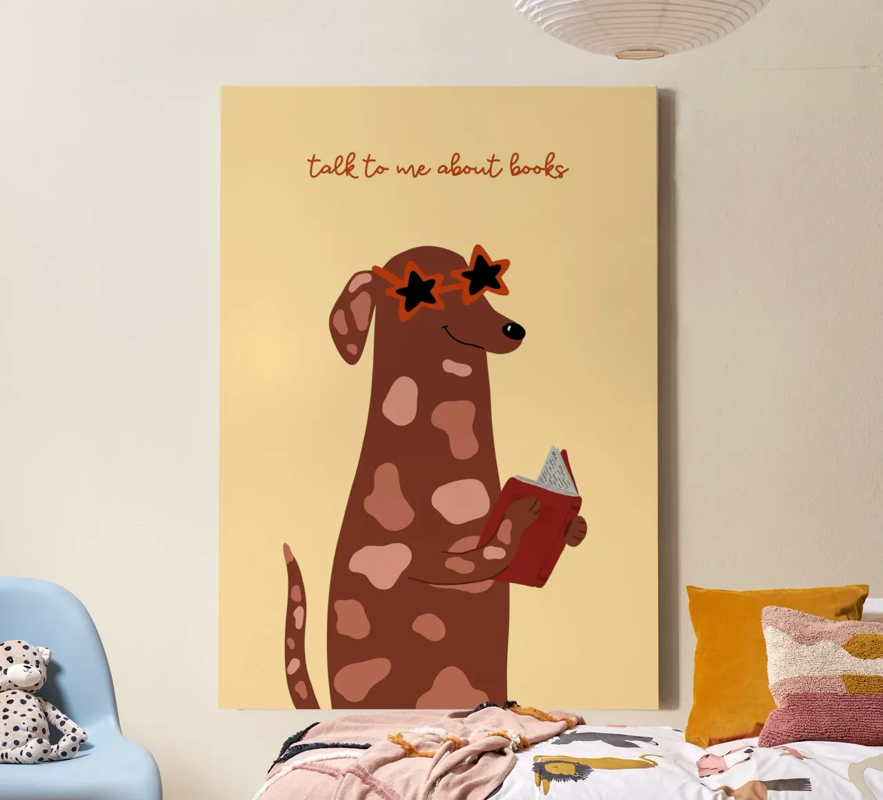 "Talk to Me About Books" - Quirky Dog Art Print canvas with Floater frame by vintagepod