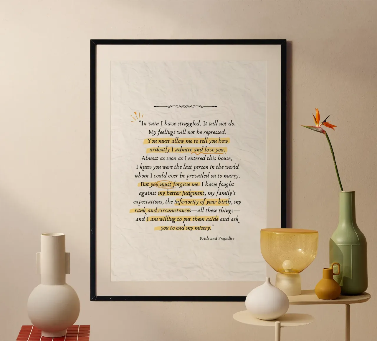 Stolz und Vorurteil Zitat Kunstdruck - Mr. Darcys Brief Poster mit Kunststoffrahmen von vintagepod