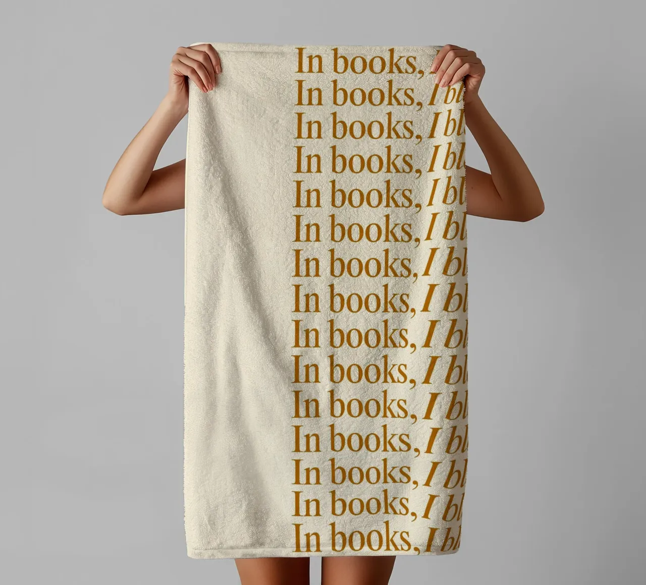 "In Books, I Bloom" - Minimalist Repeating Text Poster towel by vintagepod