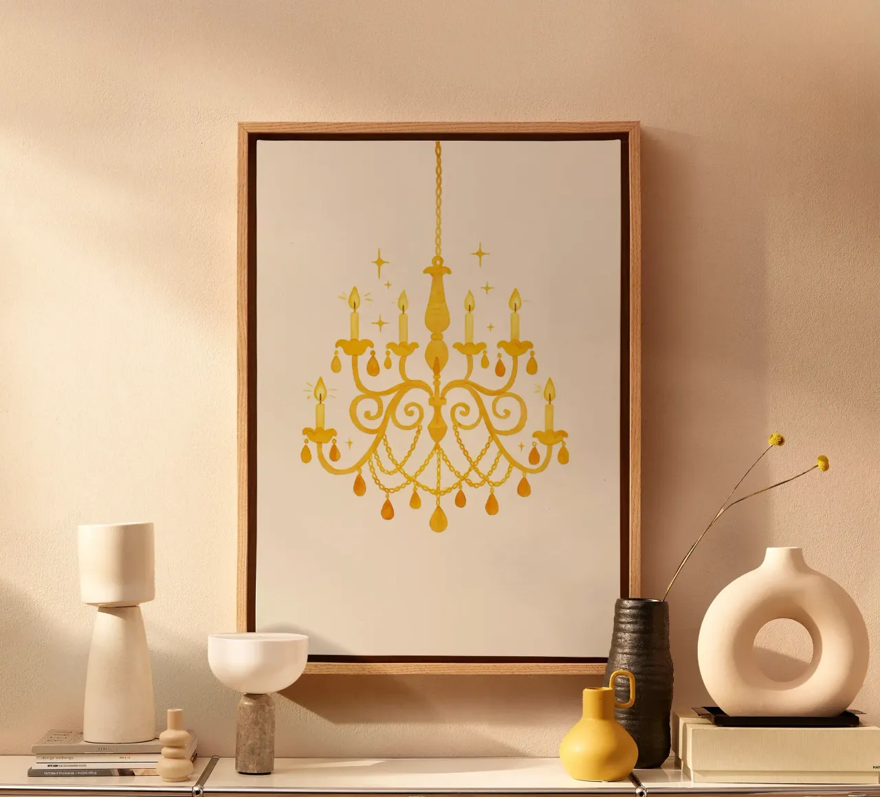 Gele kroonluchter Art Print - Elegant & Minimalistisch Aquarel canvas met Baklijst van vintagepod