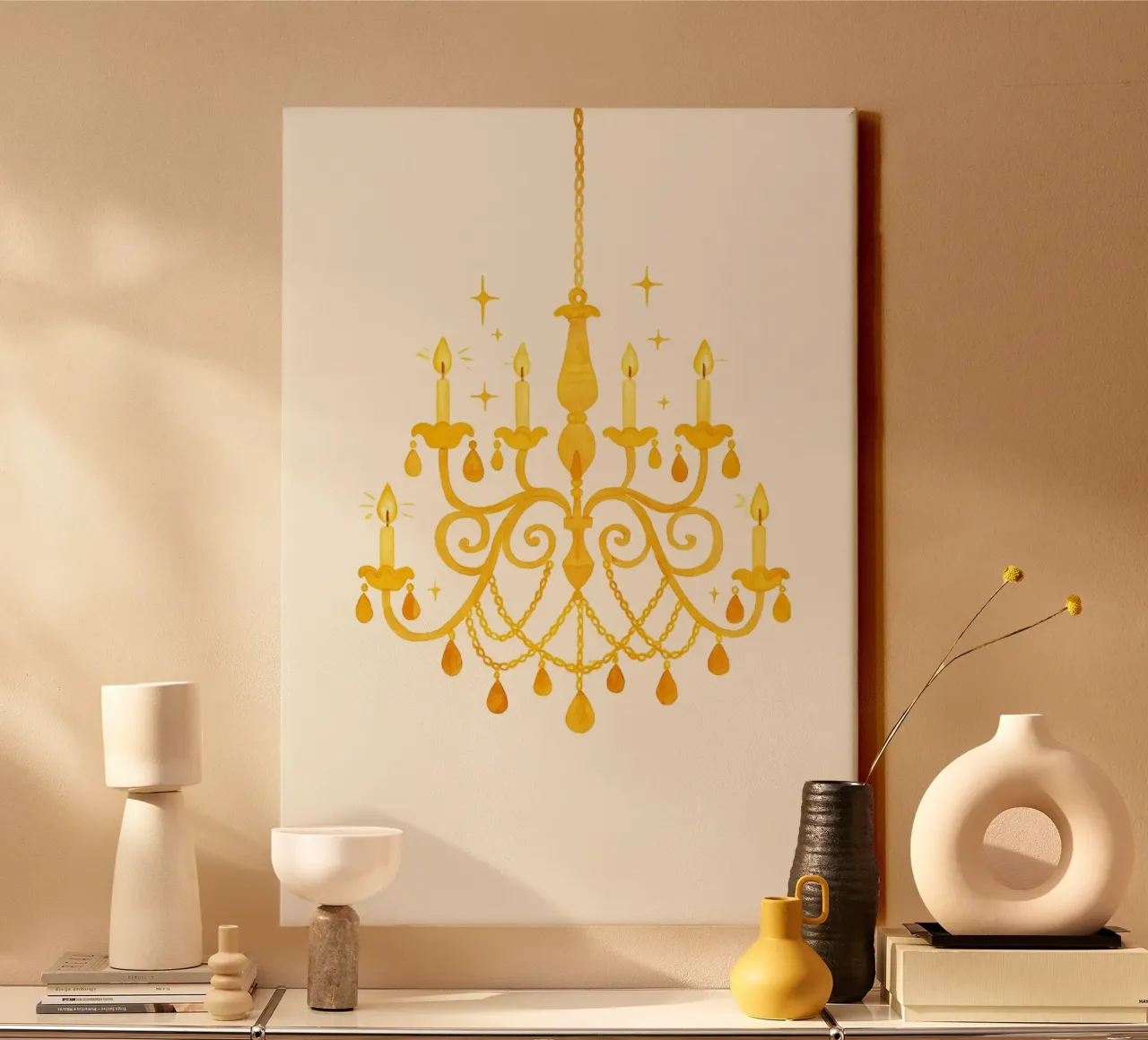 Gele kroonluchter Art Print - Elegant & Minimalistisch Aquarel canvas met Baklijst van vintagepod