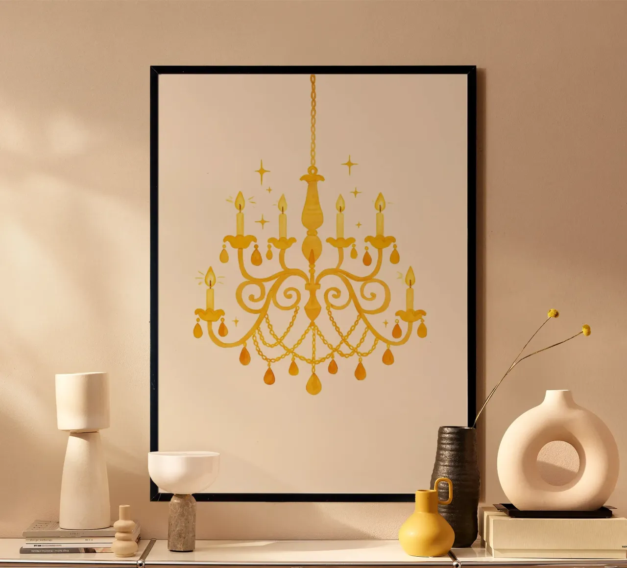 Gele kroonluchter Art Print - Elegant & Minimalistisch Aquarel poster van vintagepod