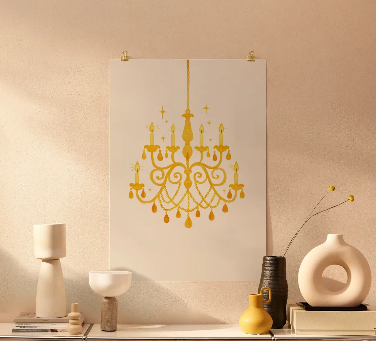 Gele kroonluchter Art Print - Elegant & Minimalistisch Aquarel poster van vintagepod