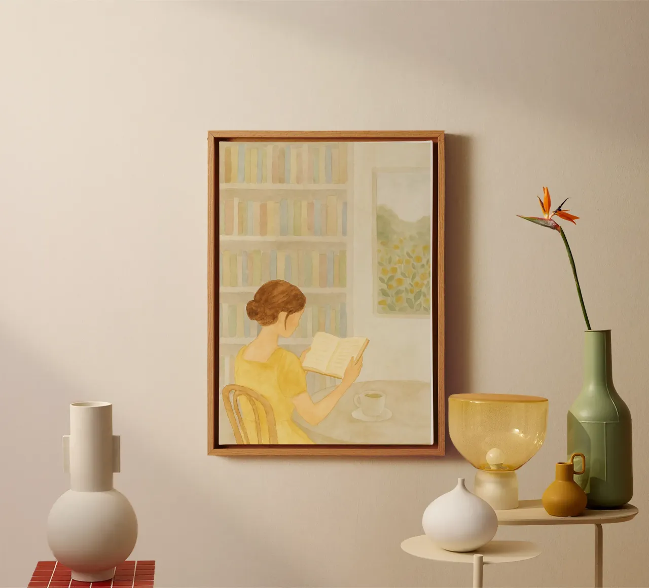 Momento di lettura tranquilla - Accogliente acquerello da biblioteca tela con Cornice a cassetta da vintagepod