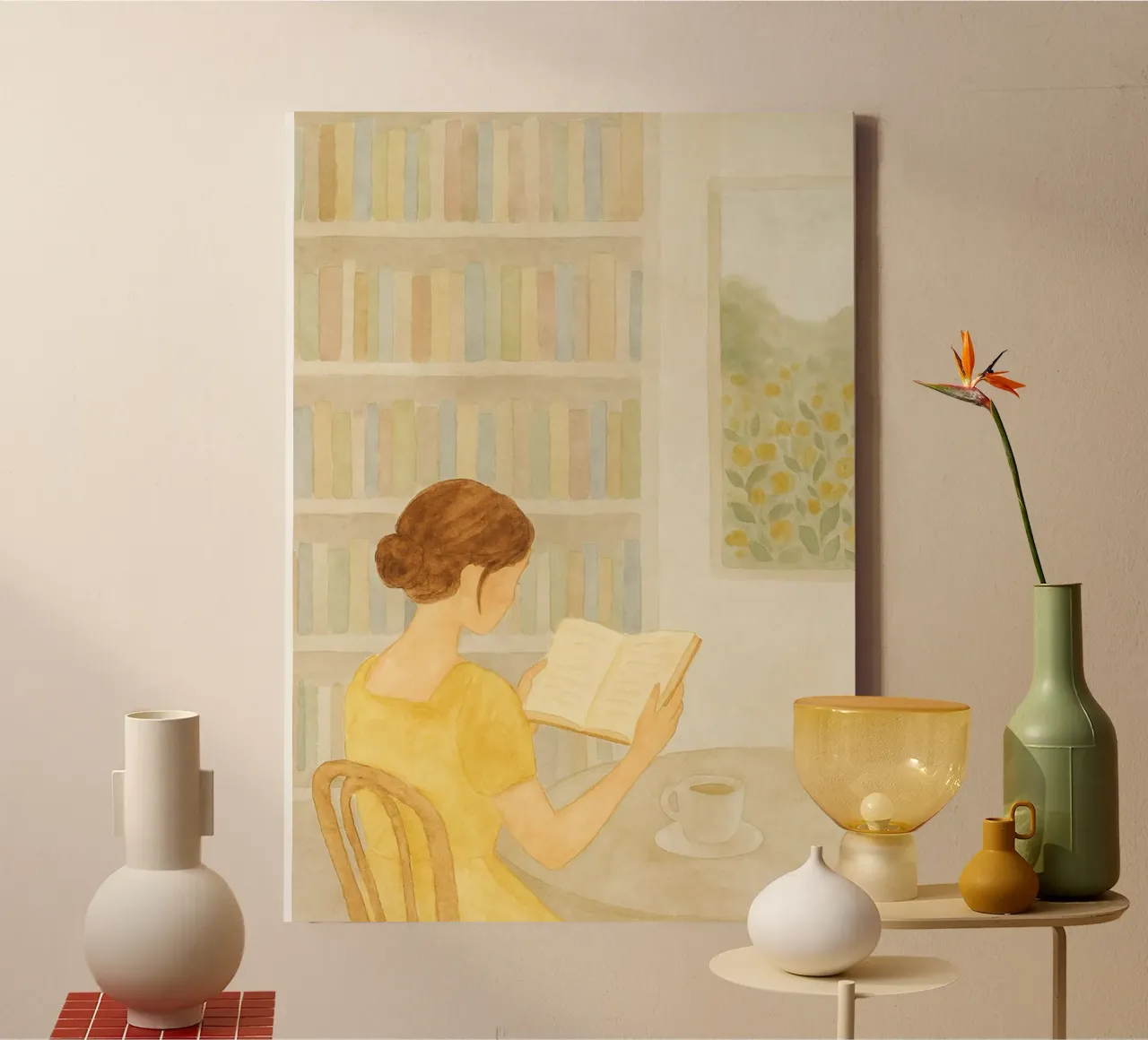 Momento di lettura tranquilla - Accogliente acquerello da biblioteca tela con Cornice a cassetta da vintagepod