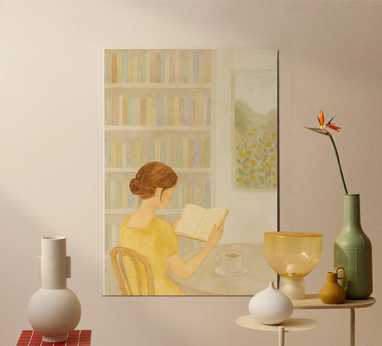Momento di lettura tranquilla - Accogliente acquerello da biblioteca poster da vintagepod