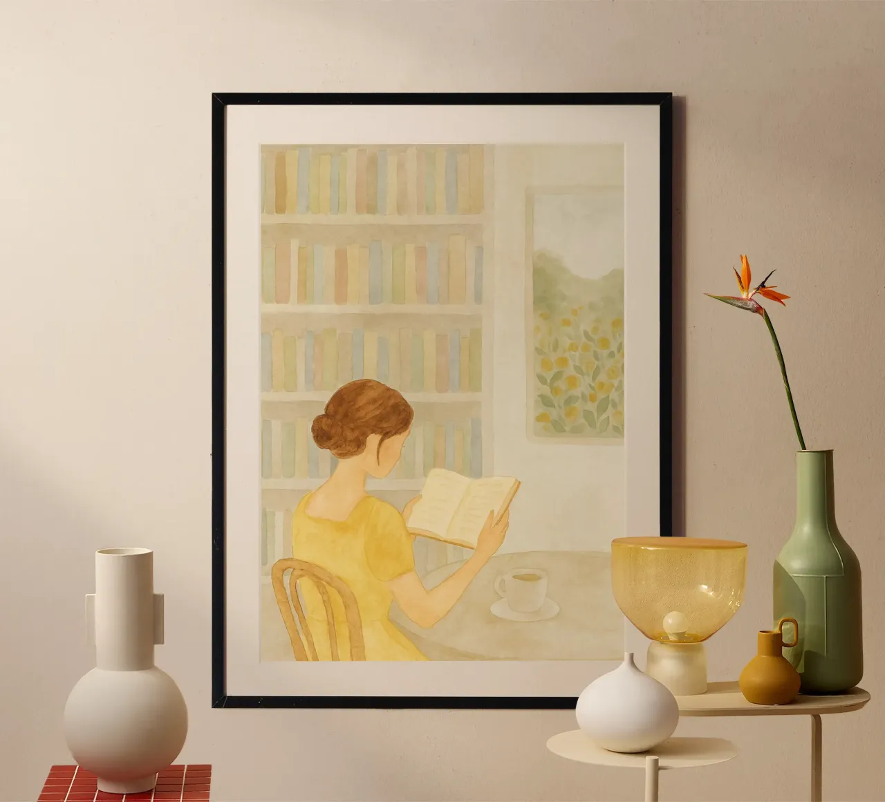 Momento di lettura tranquilla - Accogliente acquerello da biblioteca poster da vintagepod