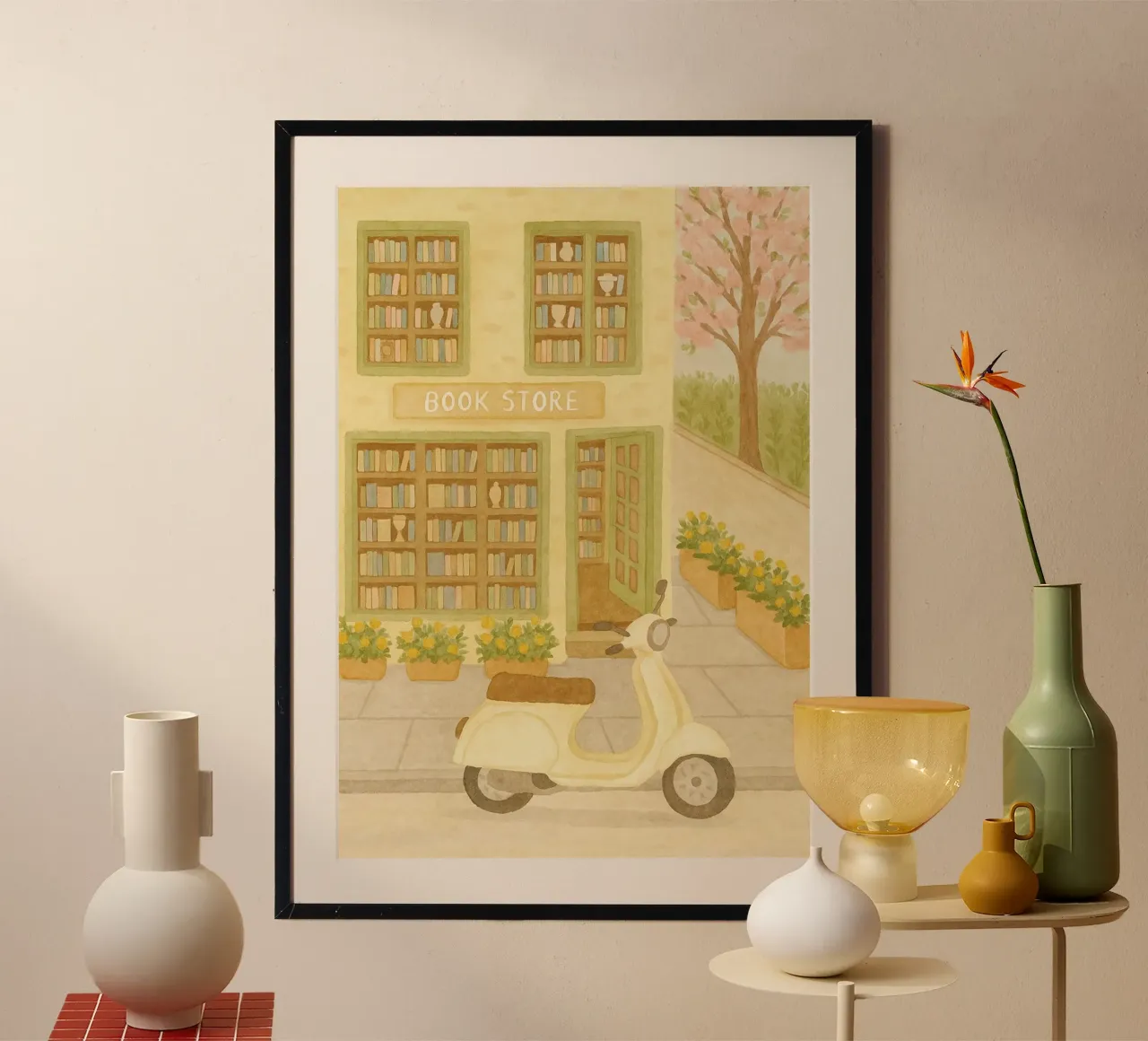 Libreria di charme con scooter - Accogliente acquerello d'arte poster da vintagepod