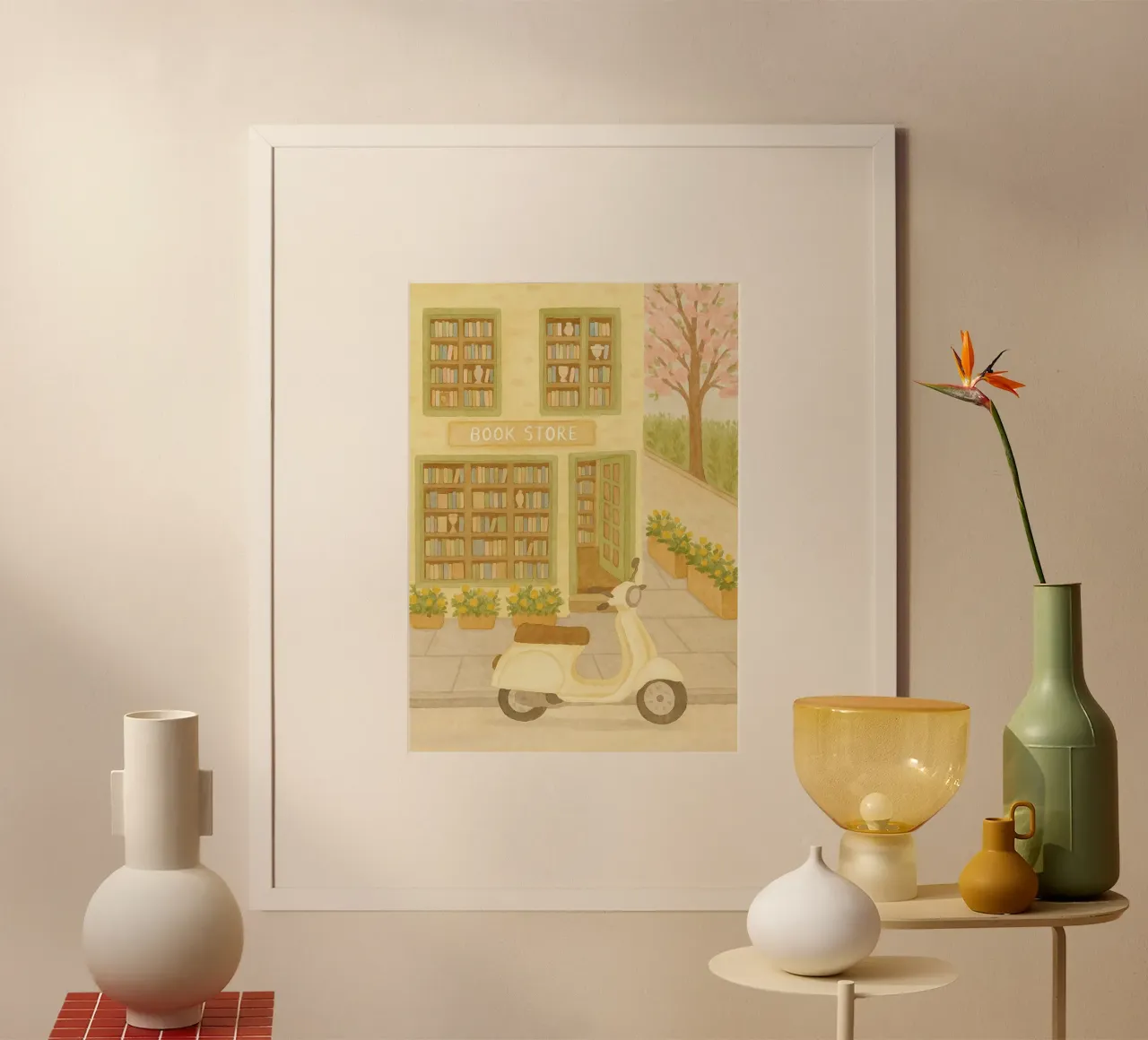 Libreria di charme con scooter - Accogliente acquerello d'arte poster da vintagepod