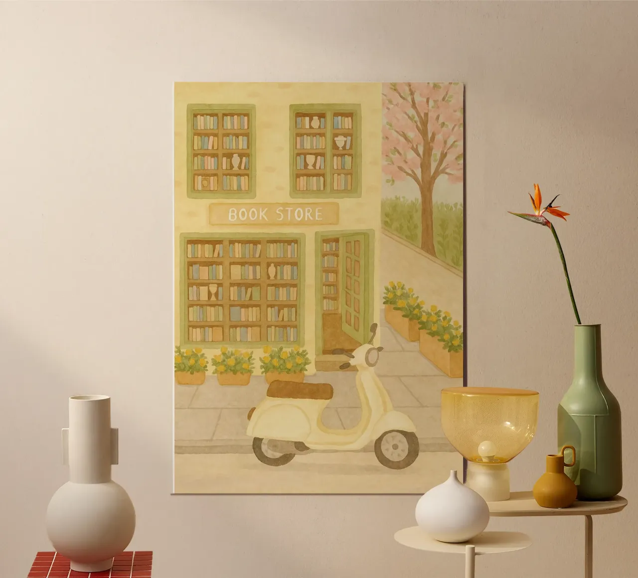 Libreria di charme con scooter - Accogliente acquerello d'arte poster da vintagepod