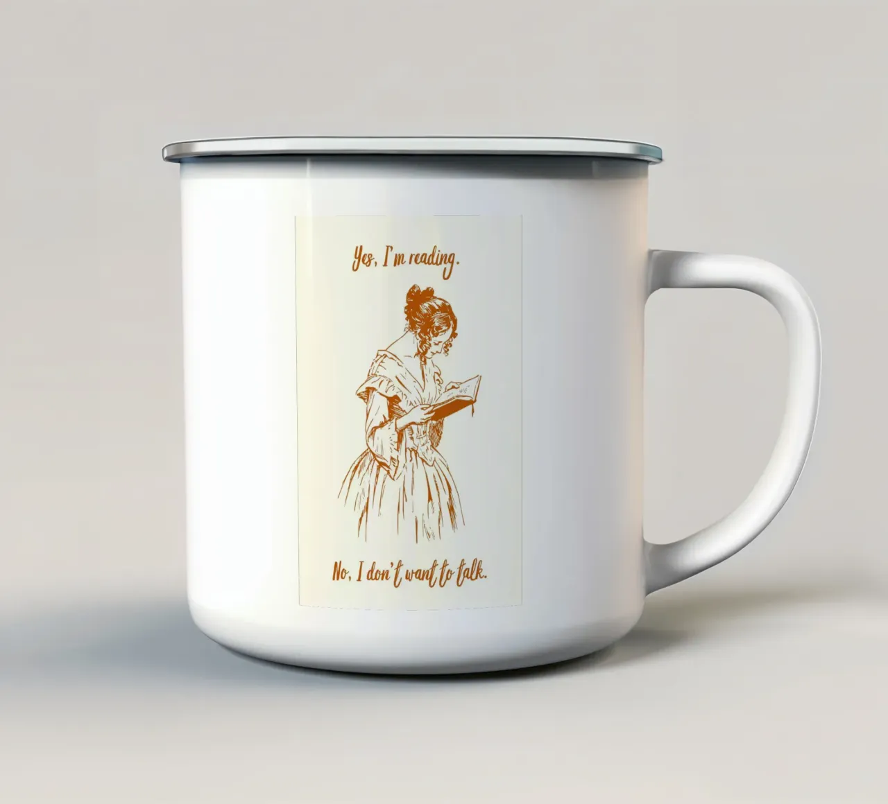 "Sì, sto leggendo. No, non voglio parlare". - Arte d'epoca tazza in smalto da vintagepod