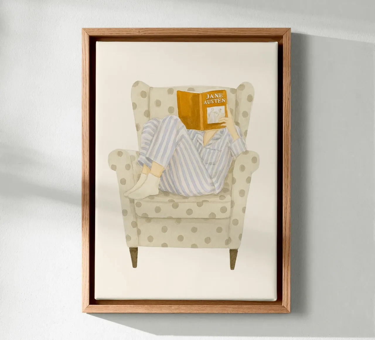 Gemütliche Jane Austen Lesung - Aquarell Kunstdruck Leinwand mit Schattenfugenrahmen von vintagepod