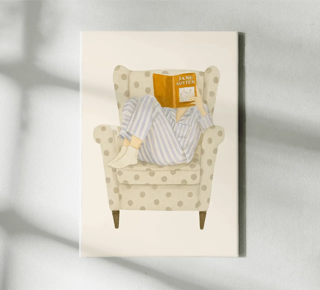 Gemütliche Jane Austen Lesung - Aquarell Kunstdruck Leinwand mit Schattenfugenrahmen von vintagepod