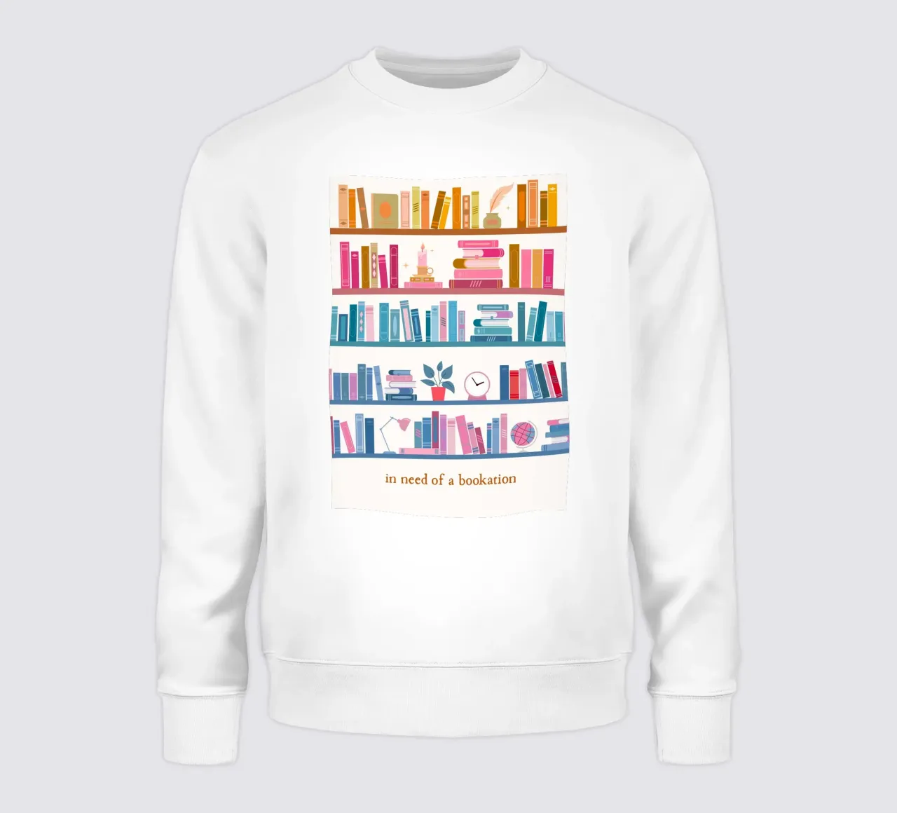 "In Need of a Bookation" - Colorful Bookshelf Art Print sweatshirt by vintagepod