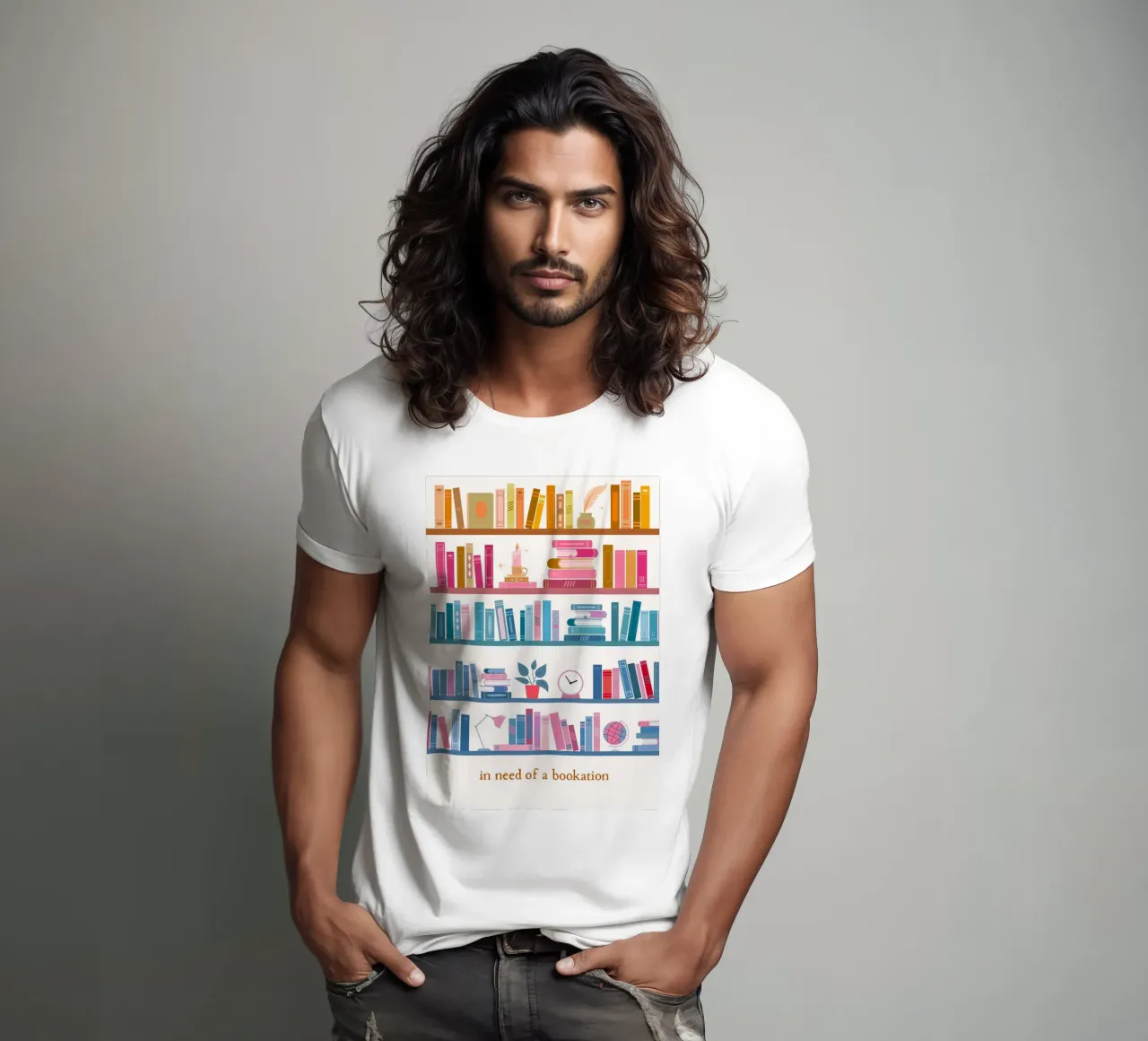 "In Need of a Bookation" - Colorful Bookshelf Art Print t-shirt by vintagepod