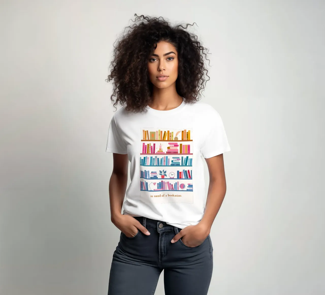 "In Need of a Bookation" - Colorful Bookshelf Art Print t-shirt by vintagepod