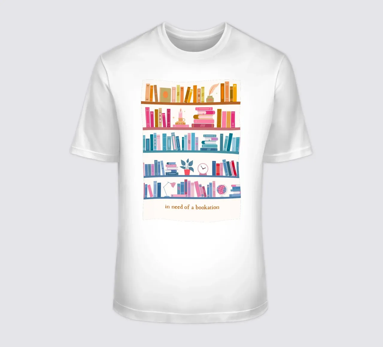 "In Need of a Bookation" - Colorful Bookshelf Art Print t-shirt by vintagepod