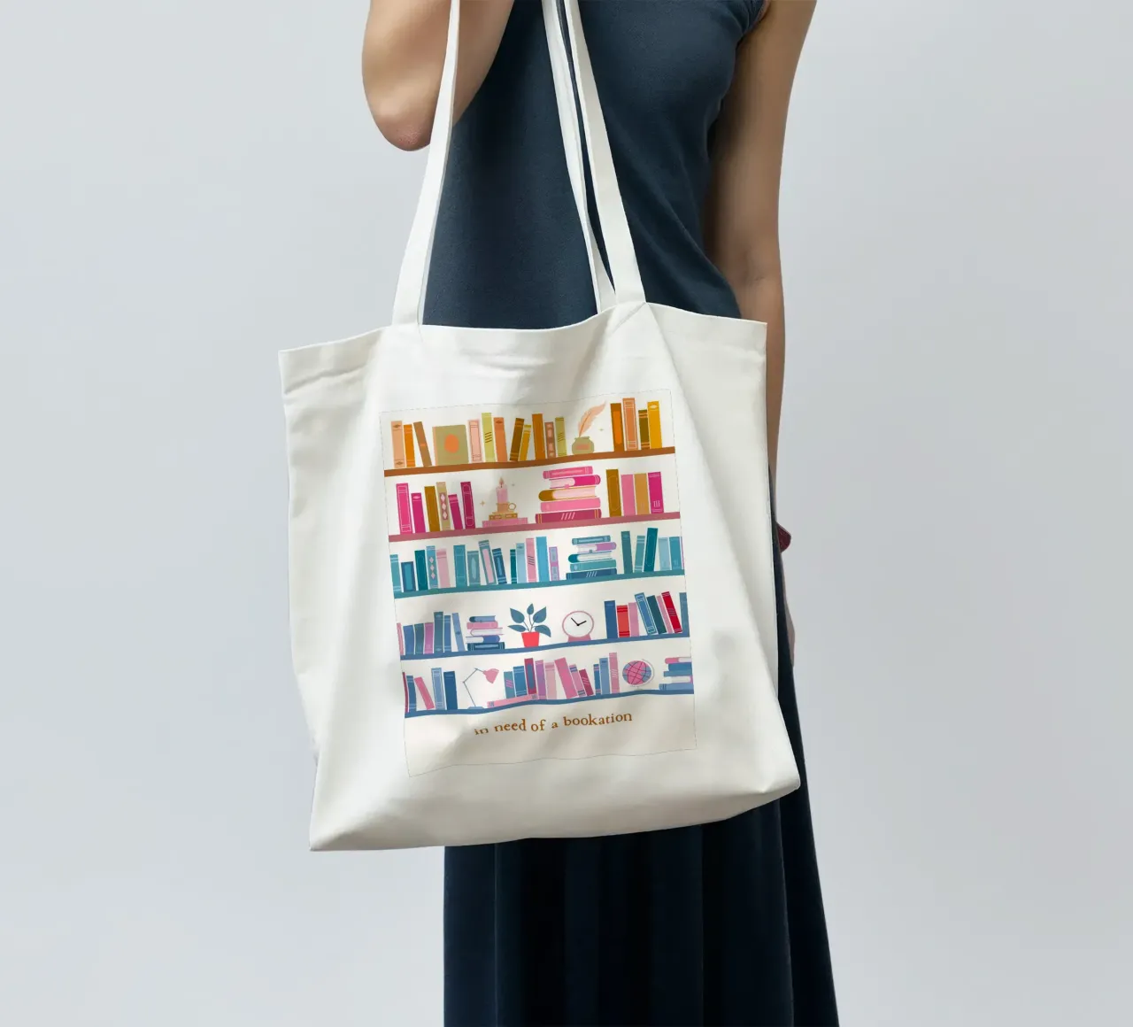 "In Need of a Bookation" - Colorful Bookshelf Art Print tote bag by vintagepod