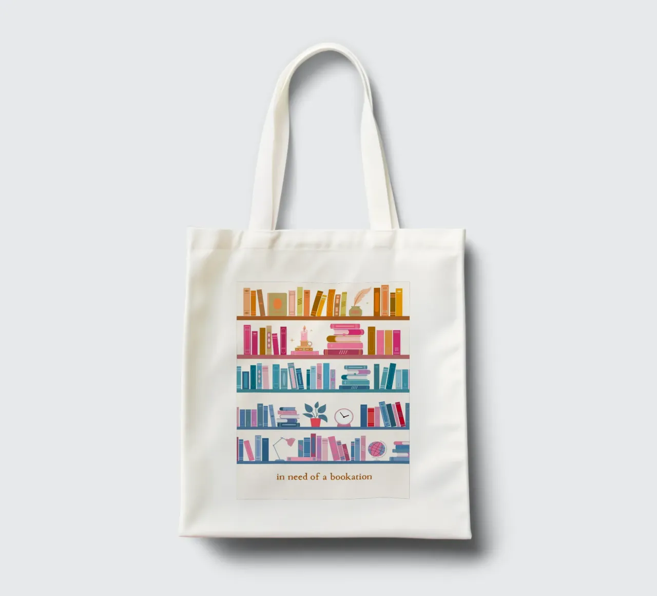 "In Need of a Bookation" - Colorful Bookshelf Art Print tote bag by vintagepod