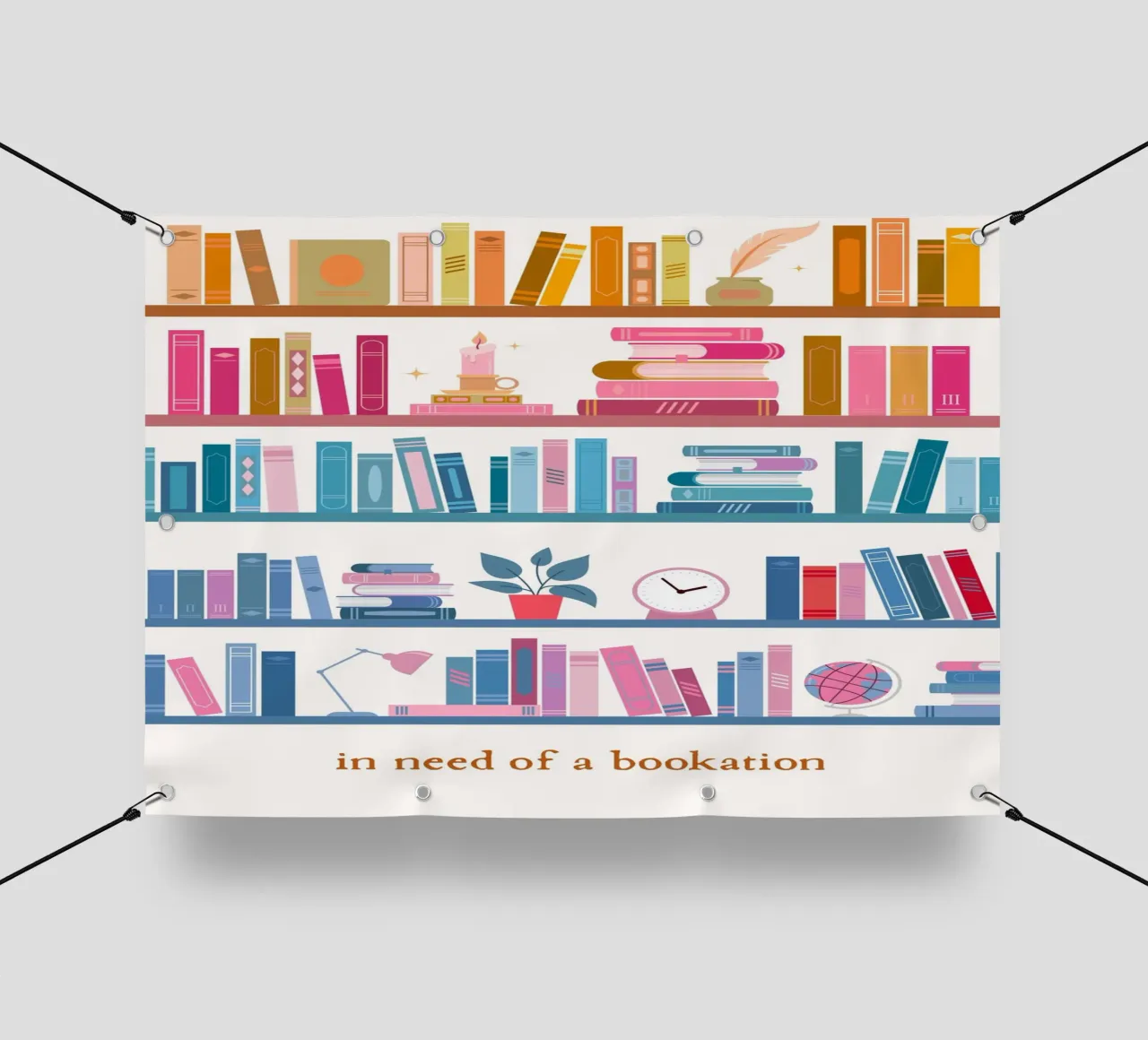 "In Need of a Bookation" - Colorful Bookshelf Art Print pvc cover by vintagepod