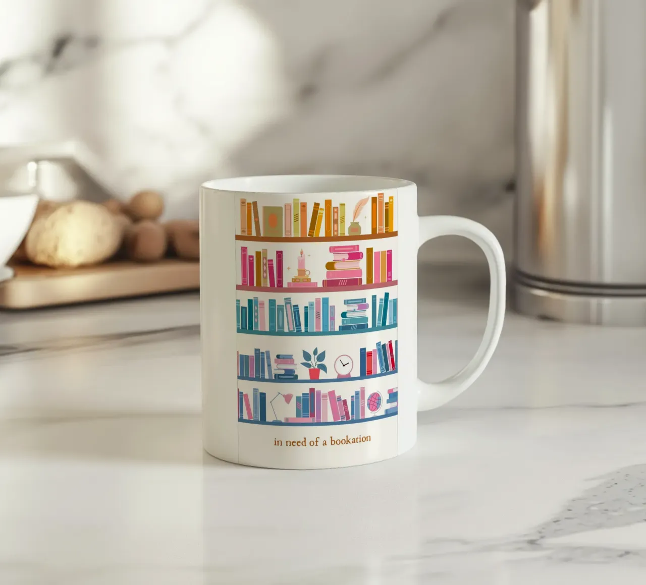 "In Need of a Bookation" - Colorful Bookshelf Art Print ceramic mug by vintagepod
