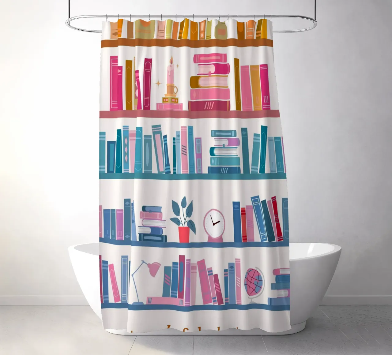 "In Need of a Bookation" - Colorful Bookshelf Art Print shower curtain by vintagepod