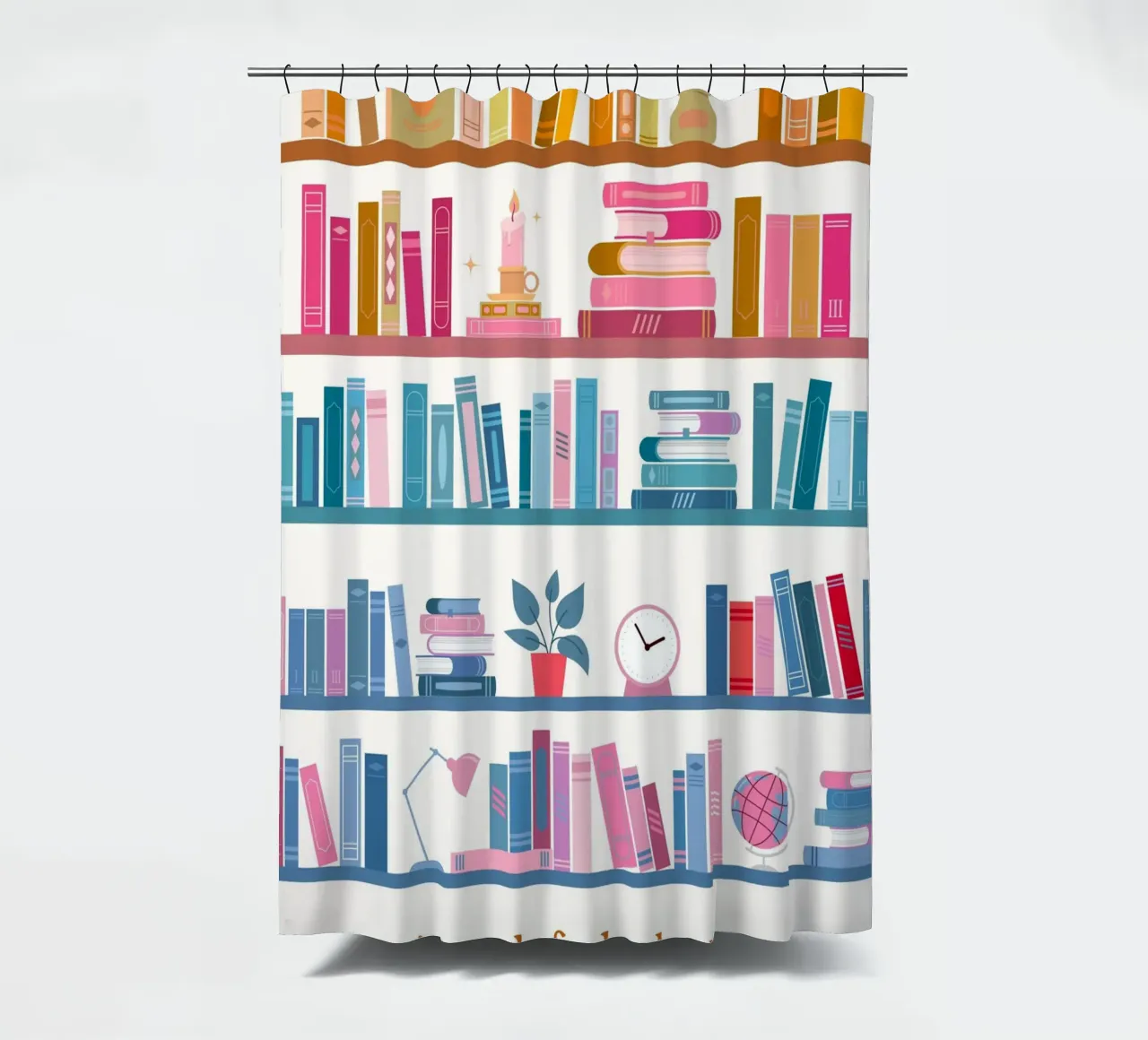 "In Need of a Bookation" - Colorful Bookshelf Art Print shower curtain by vintagepod