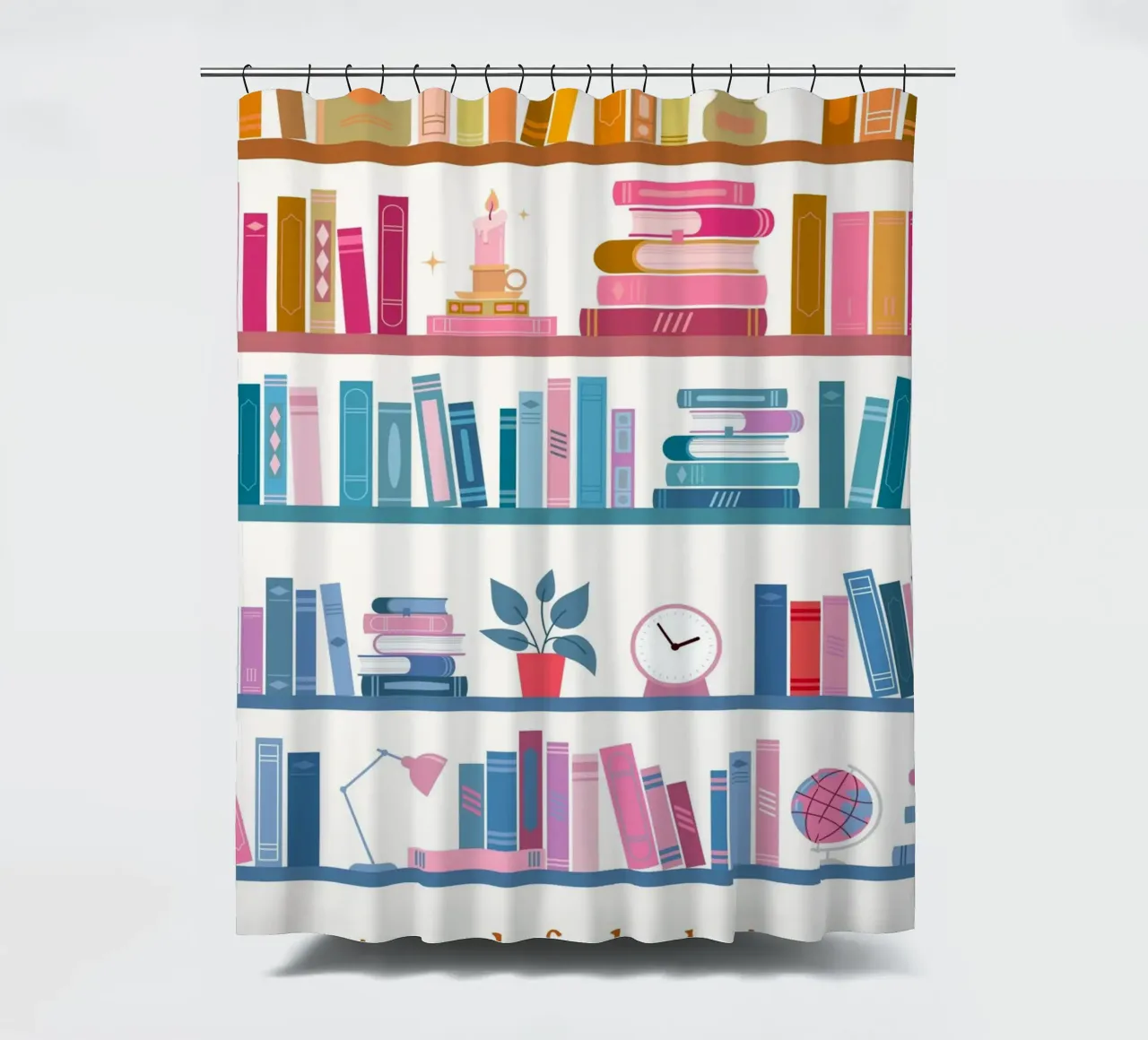"In Need of a Bookation" - Colorful Bookshelf Art Print shower curtain by vintagepod