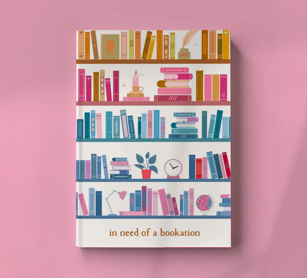 "In Need of a Bookation" - Colorful Bookshelf Art Print notebook by vintagepod