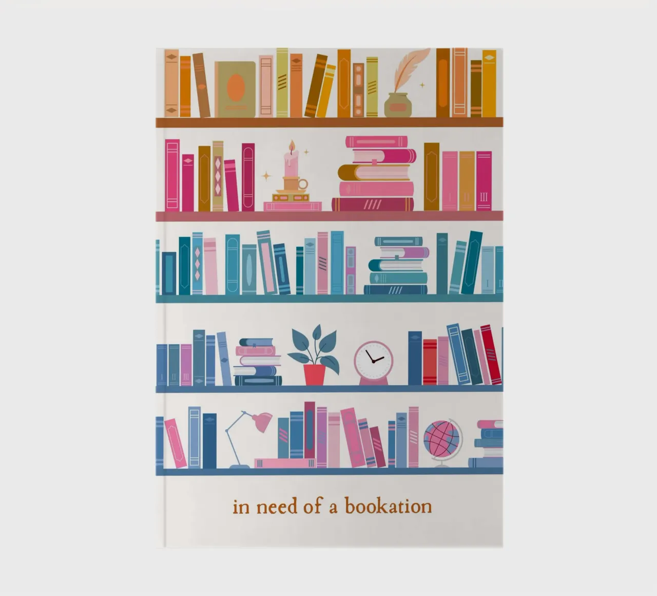 "In Need of a Bookation" - Colorful Bookshelf Art Print notebook by vintagepod