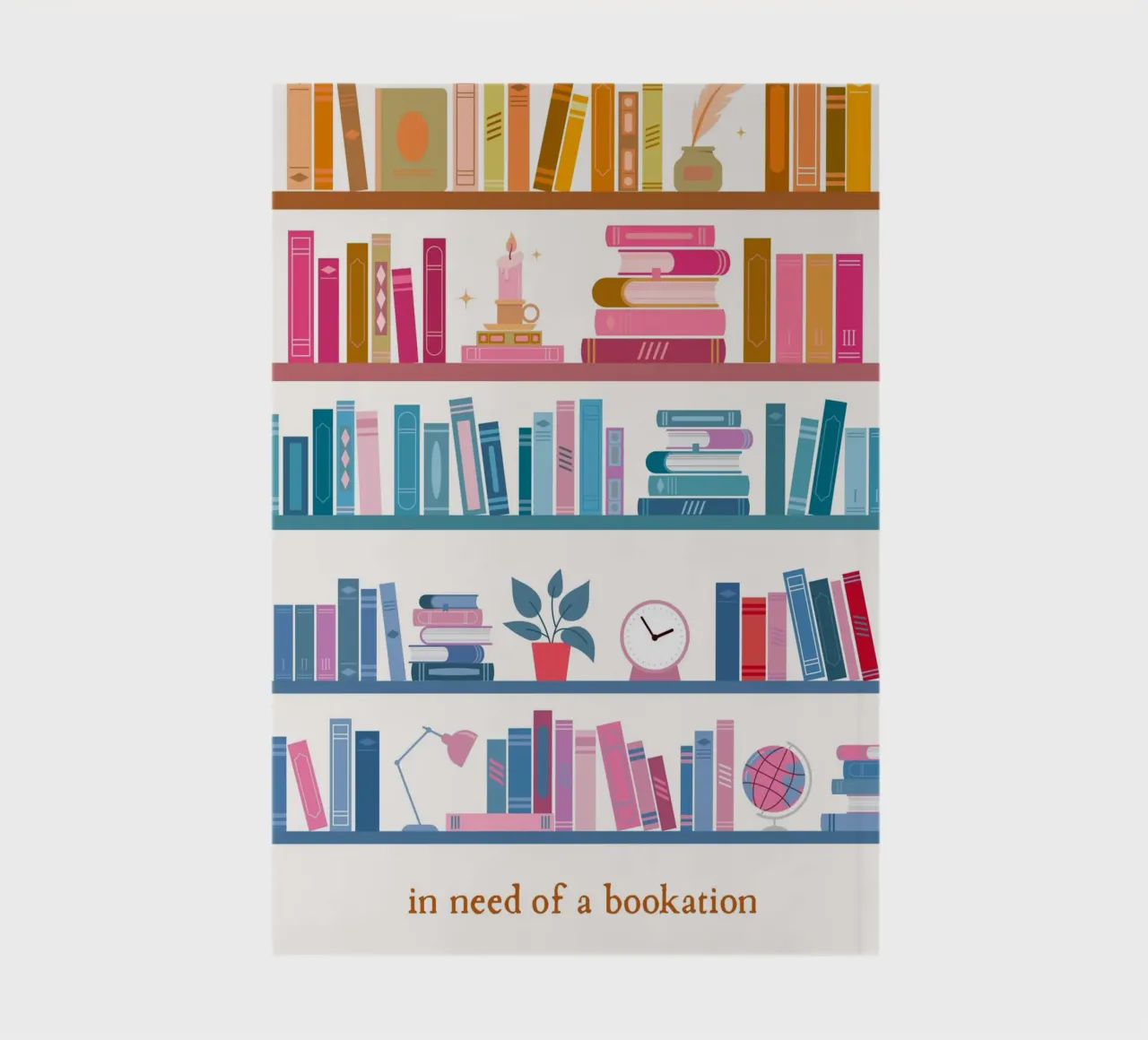 "In Need of a Bookation" - Colorful Bookshelf Art Print notebook by vintagepod