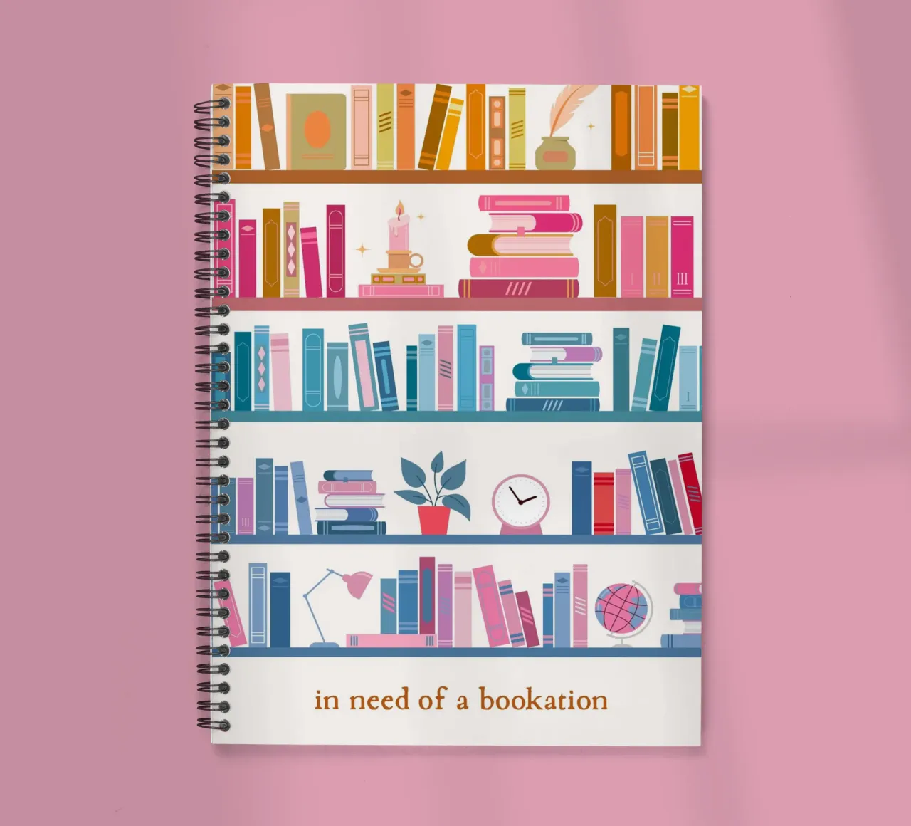 "In Need of a Bookation" - Colorful Bookshelf Art Print spiral notebook by vintagepod