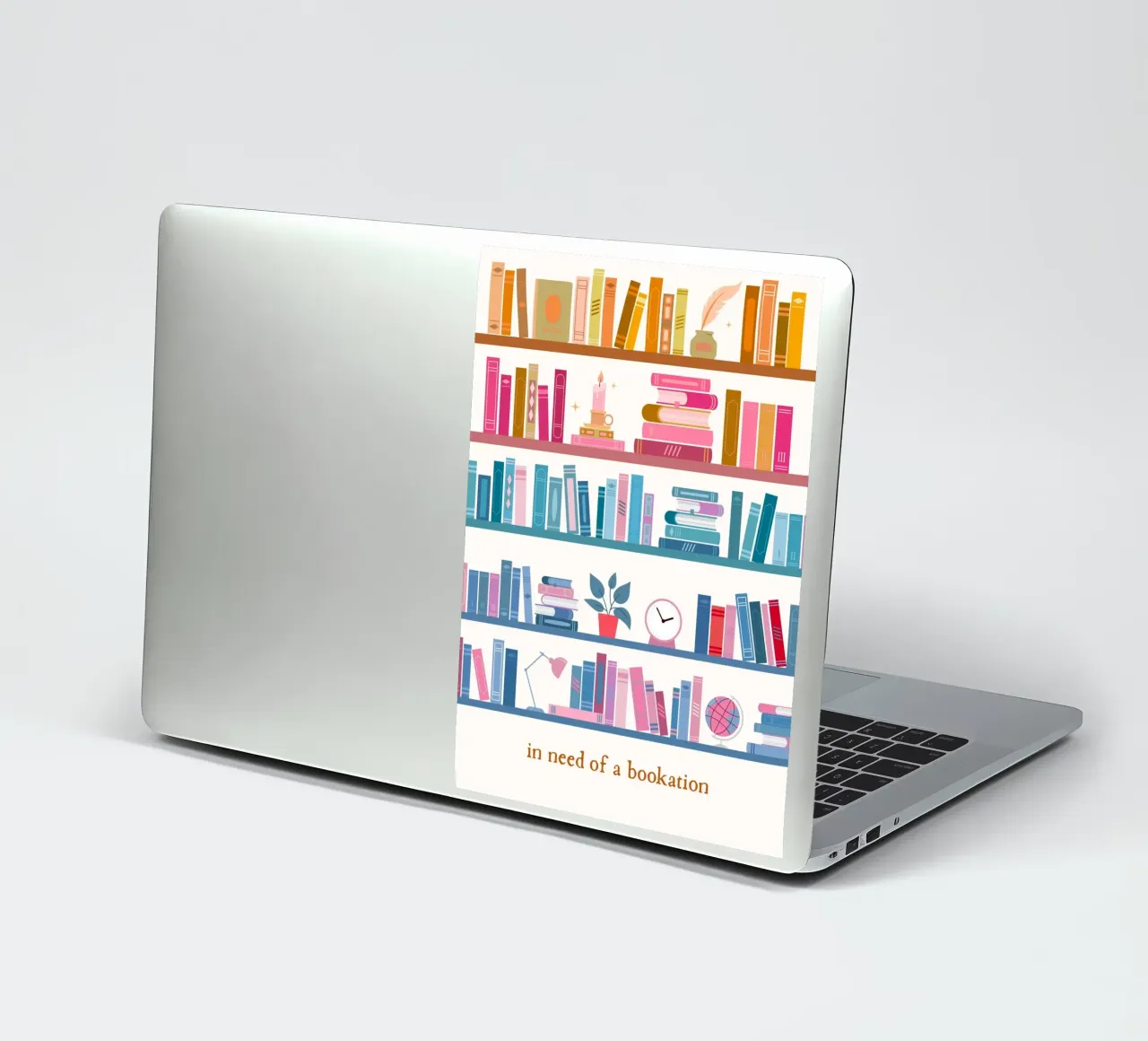 "In Need of a Bookation" - Colorful Bookshelf Art Print sticker by vintagepod